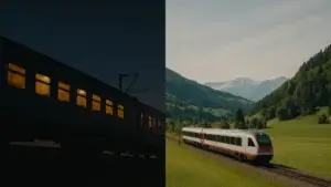 Nattog i mørket med oplyste vinduer på en europæisk rute