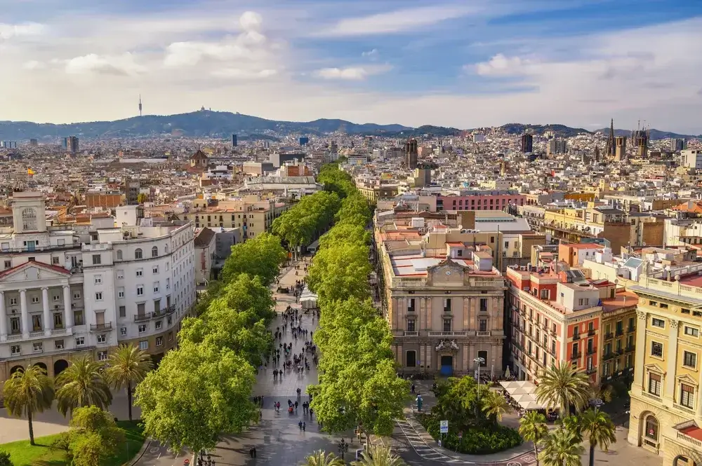 La Rambla i Barcelona set fra oven med træer og byliv