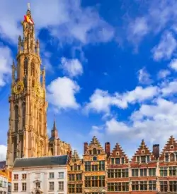 Laugshuse på Grote Markt i Antwerpen med tårnet på Vor Frue-katedralen under en blå himmel