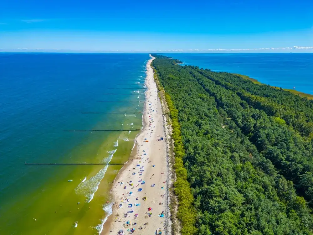 Den smalle Hel-halvø med lang sandstrand mellem Østersøen og grøn skov