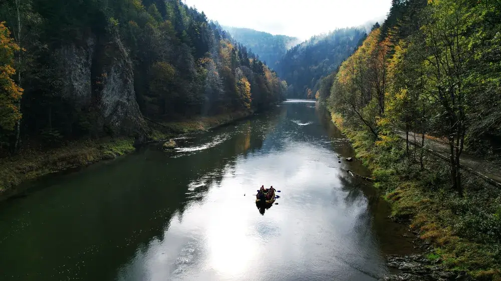 En traditionel tømmerflåde på floden Dunajec mellem skovklædte klipper