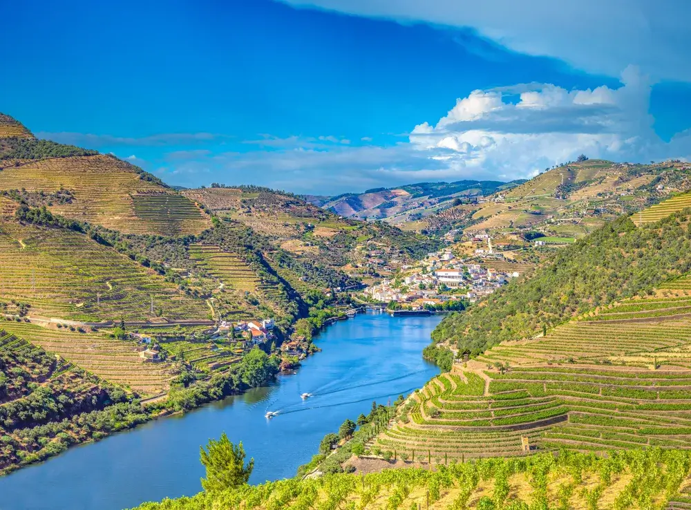 Luftfoto af vinbyen Pinhão ved floden Douro mellem vinterrasserne