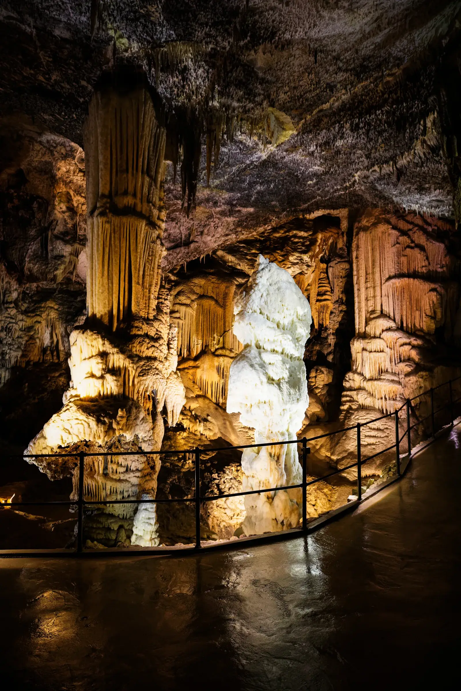Drypstensformationer og en hvid stalagmit i Postojna-grotten med gangsti og rækværk